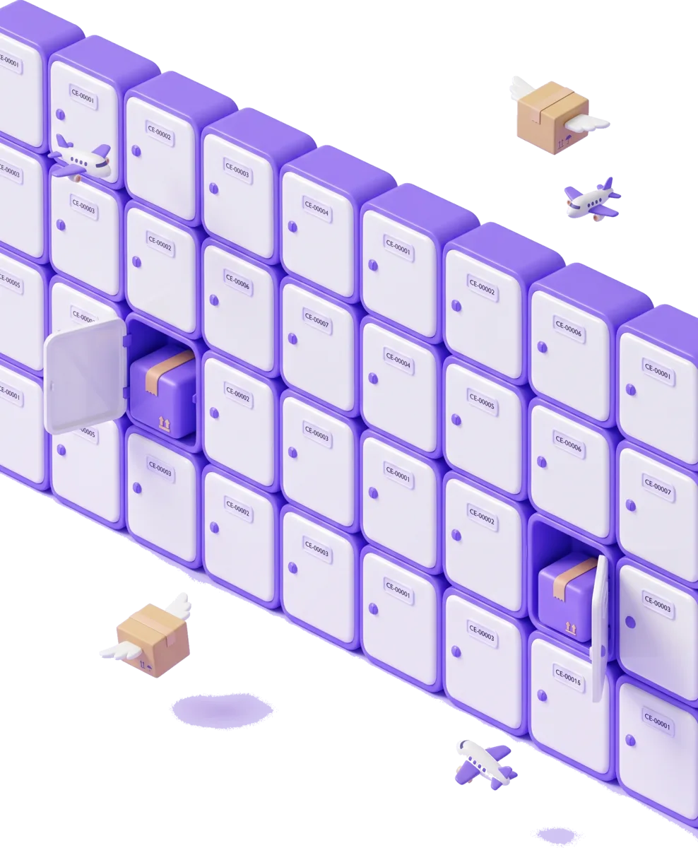 Click Express locker room with numbered doors, violet boxes and little planes
